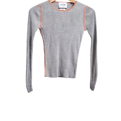 JED Womens Ribbed Silk Knit Top S Slim Fit Gray Long Sleeve Lightweight Stretch