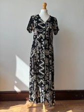 Sandro Paris Black Cream Abstract Print Maxi Dress Tie Waist Buttons UK 10
