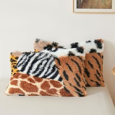 Fluffy Faux Fur Pillowcases, Set 26" x 20" Pack of 2 Animal Print Patchwork