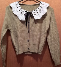 Chanel Olive Knit Cardigan Sweater Eyelet Lace Collar Ribbon Tie Button Women