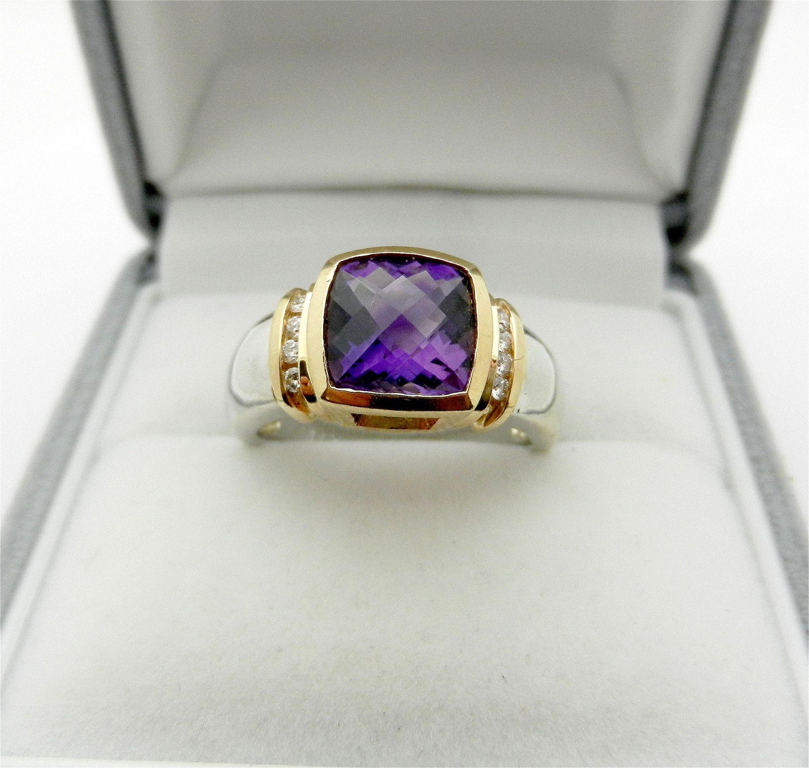 Solid 14k Gold Checkerboard Amethyst Ring with Di… - image 8