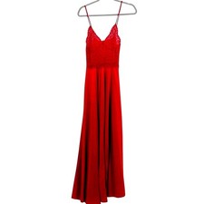 Vintage Vassarette Red Lace Trim Satin Long Nightgown Slip Dress Small Medium