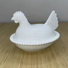Vintage White Milk Glass Hen on Nest Indiana Glass Bead Stippled Basket