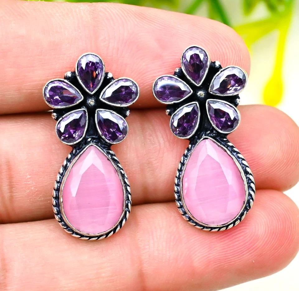 Orecchini gioielli in argento sterling 925 con calcedonio rosa, pietra... - Immagine 3 di 4