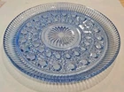 VTG Blue Glass Cake Plate Button & Cane Windsor Low Profile 11" Depression Blue