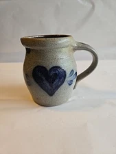 Rowe Pottery Vintage Creamer Milk Pitcher Blue Heart Design Salt Glaze 1987