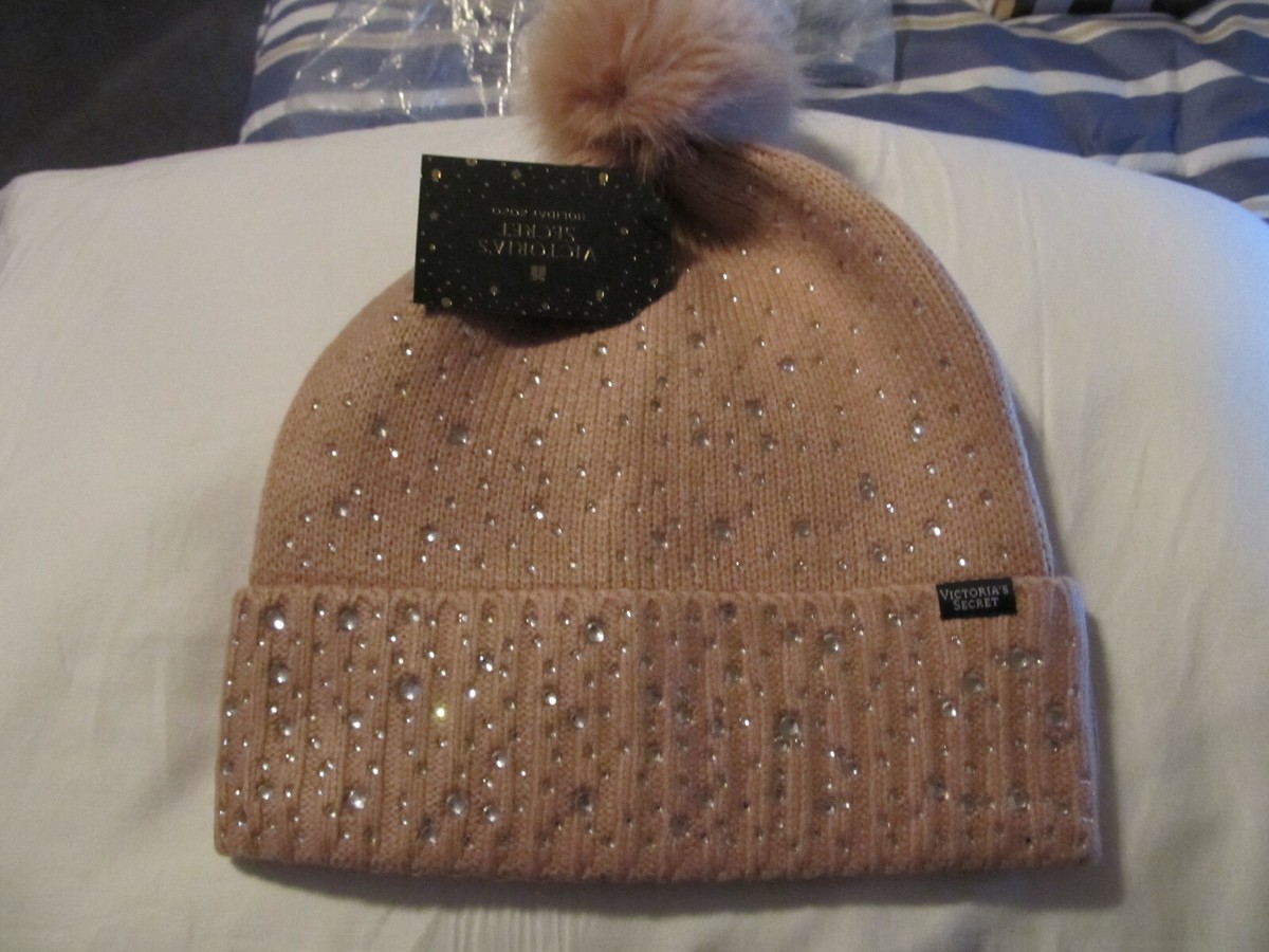 VICTORIA'S SECRET POM POM HAT BEANIE BLING SPARKLE BLUSH NEW NEW