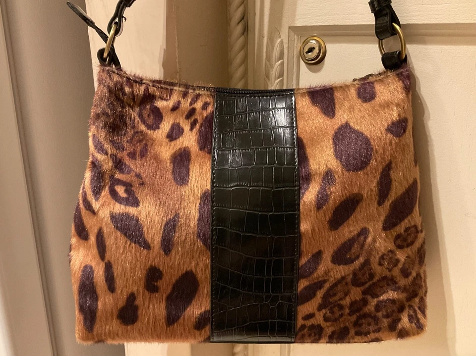 Coldwater Creek Leopard Print Faux Fur Shoulder Bag Faux Crocodile Purse Handbag - Image 2 of 4