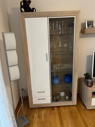 Wohnzimmerschrank Set Eiche sägerau Front Hochglanz,Vitrine,Fernsehbank,Kommode, - Bild 2 von 5