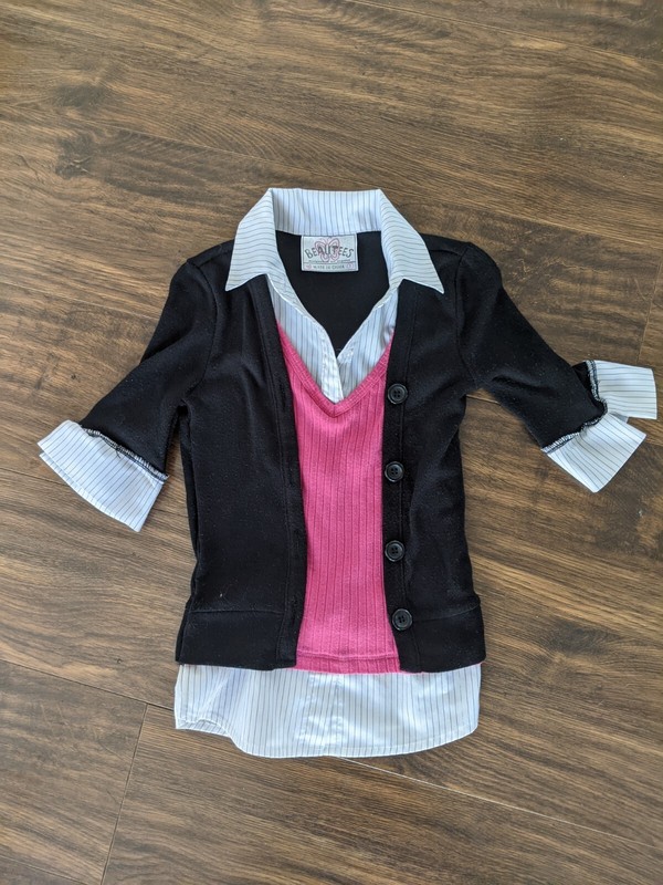 EUC Size 5 Beautees Overlay Pink Black White Girl Top 3/4 Sleeve Shirt