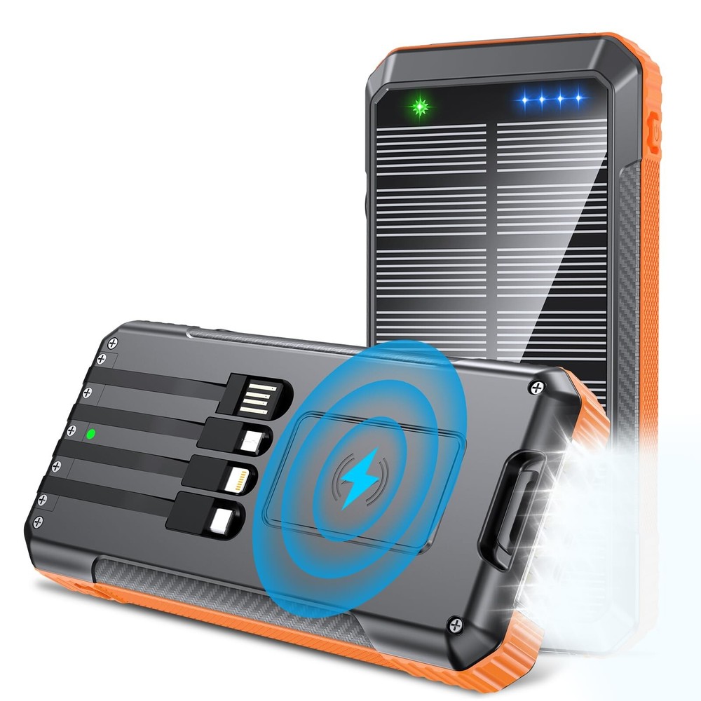 High-Capacity 33800mAh Wireless Power Bank with 4 Built-in Cables, 7 Outputs, 22.5W Fast Charging