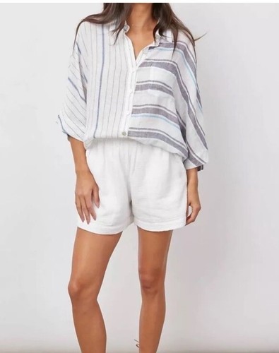 Rails Finley Shirt Mixed Agean Blue Stripe Linen Blend Women’s SIZE SMALL - Picture 3 of 13