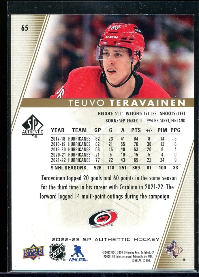 2022-23 SP Authentic Limited Gold #65 Teuvo Teravainen 21/99 - Image 2 of 2