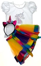 Unicorn Girls Costume T Shirt Tutu Rainbow Skirt Red Headband Bling XS Halloween