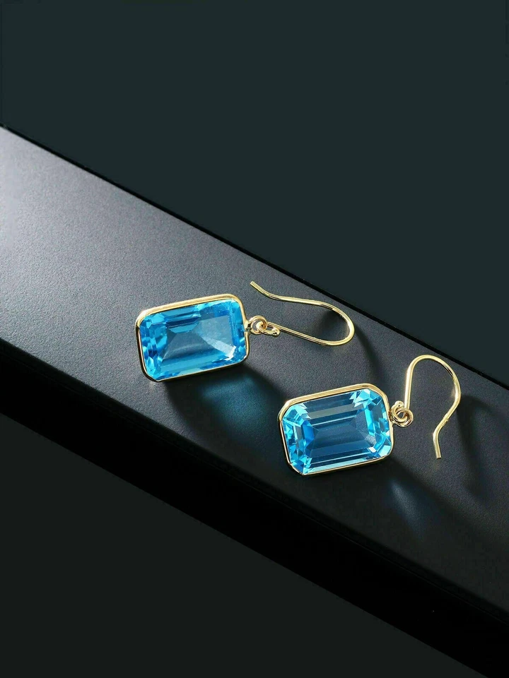 2Ct Emerald Cut Blue Topaz Drop & Dangle Women's Earrings 14k Yellow Gold Finish - Image 4 of 4