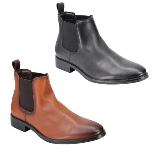 Mens Chelsea Boots Classic Retro Mid Ankle Black Brown Faux Leather Dealer Shoes