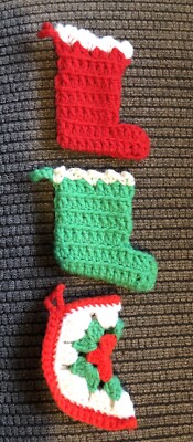 Three vtg hand crocheted 4   Christmas stockings With Granny Square Stocking