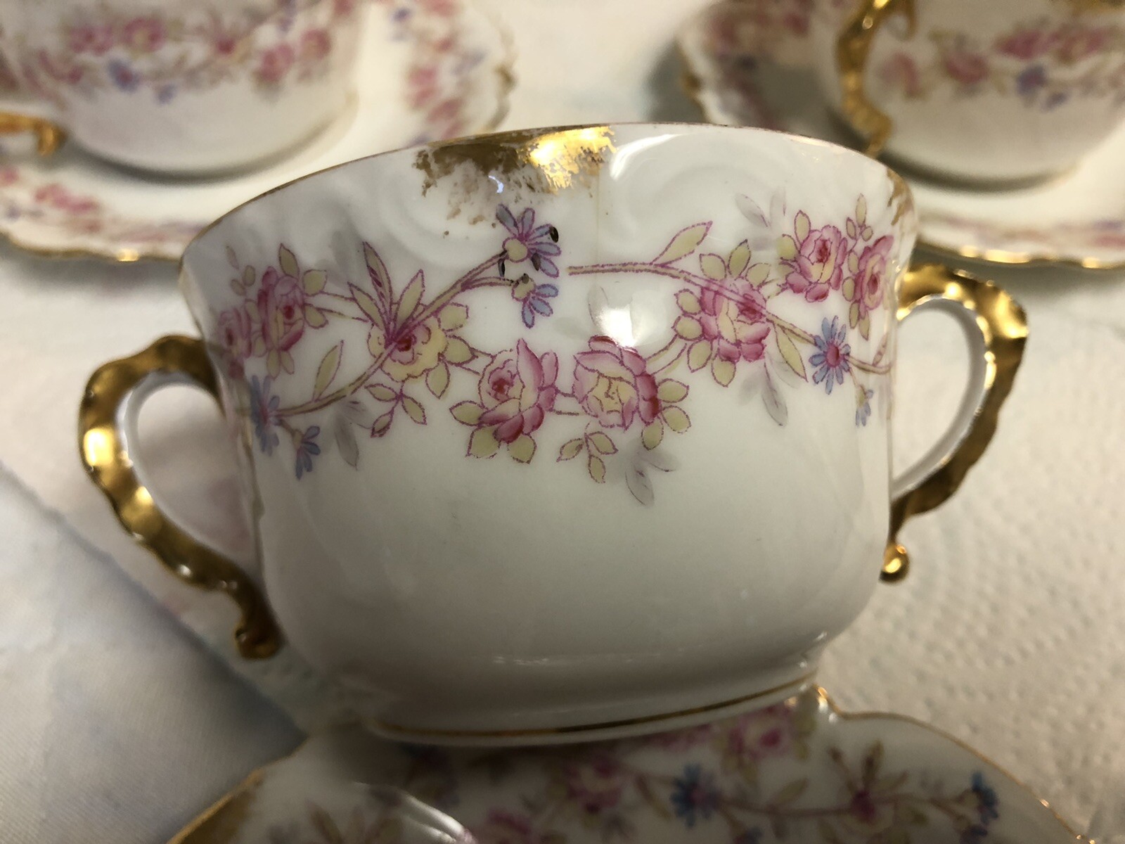 6 Antique Elite Limoges Pink Roses Bouillon Cup & Saucer Set Higgins ...