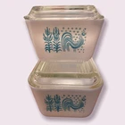 2 Vtg Pyrex Refrigerator Dishes Butterprint Blue Rooster Farmhouse