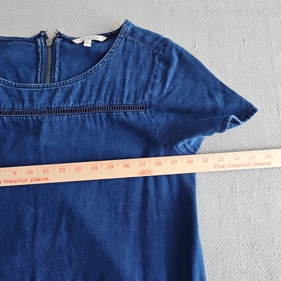 Calvin Klein Denim Tunic Women's Large Embroidery 3/4 Zip Cap Sleeve Old Money - Image 2 of 4