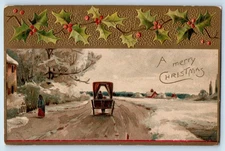 1911 Christmas Horse Carriage Holly Berries Winter Scene Embossed Postcard