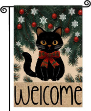 Garden Flag 12X18 Inch Double Sided outside Welcome Black Cat Winter Holiday Yar
