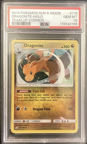 Pokémon Dragonite Cosmos Holo Rare 119/181 Sun & Moon Team Up PSA 10 2019