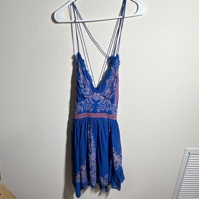 Free People Women's Blue Pink Floral V-Neck Strappy Lace Sundress Size 10