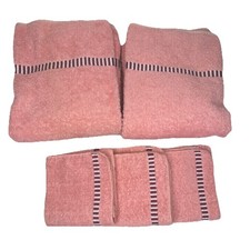 Set 5 VTG Cannon 2 Bath Towels 3 Wash Cloths Pink W Red And White Striped Trim