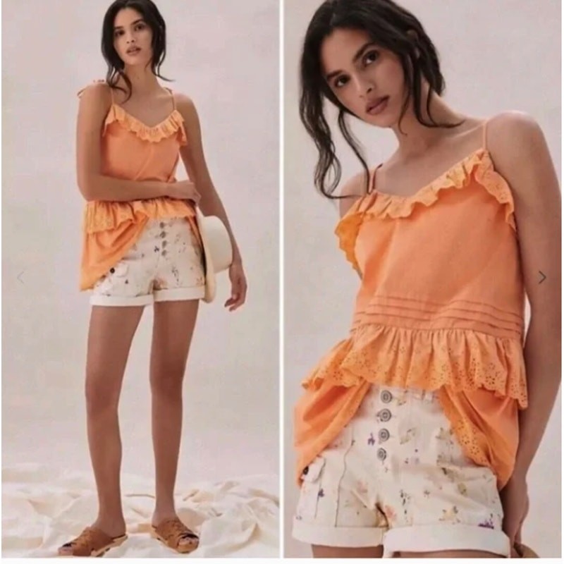 MARE MARE x ANTHROPOLOGIE Orange Tie-Strap Tiered Eyelet Top // M View 3