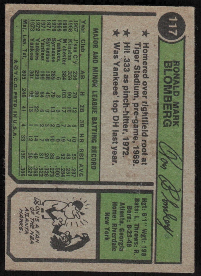 1974 Topps #117 Ron Blomberg - $1 SHIPPING (JB4) - Image 2 of 2