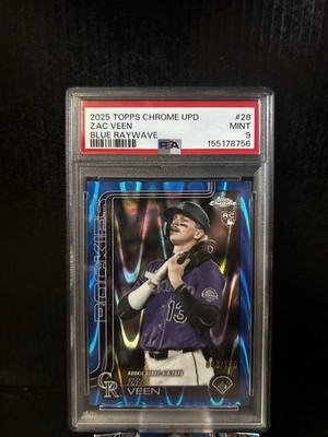 Topps 2025 Chrome Update Zac Veen Blue RayWave RC 150 #28 Rockies PSA 9