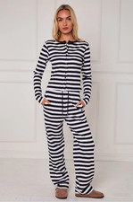 Women's Striped Ribbed Button Up Top & Wide Leg Trouser Co-ord Set UK Size 8-18
