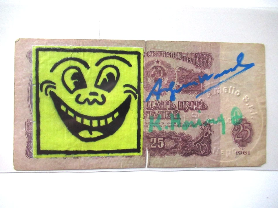 A. WARHOL/K. HARING: ORIGINAL 25 RUBEL BEARBEITET+ 2x SIGNIERT, VOM 11.02.1987