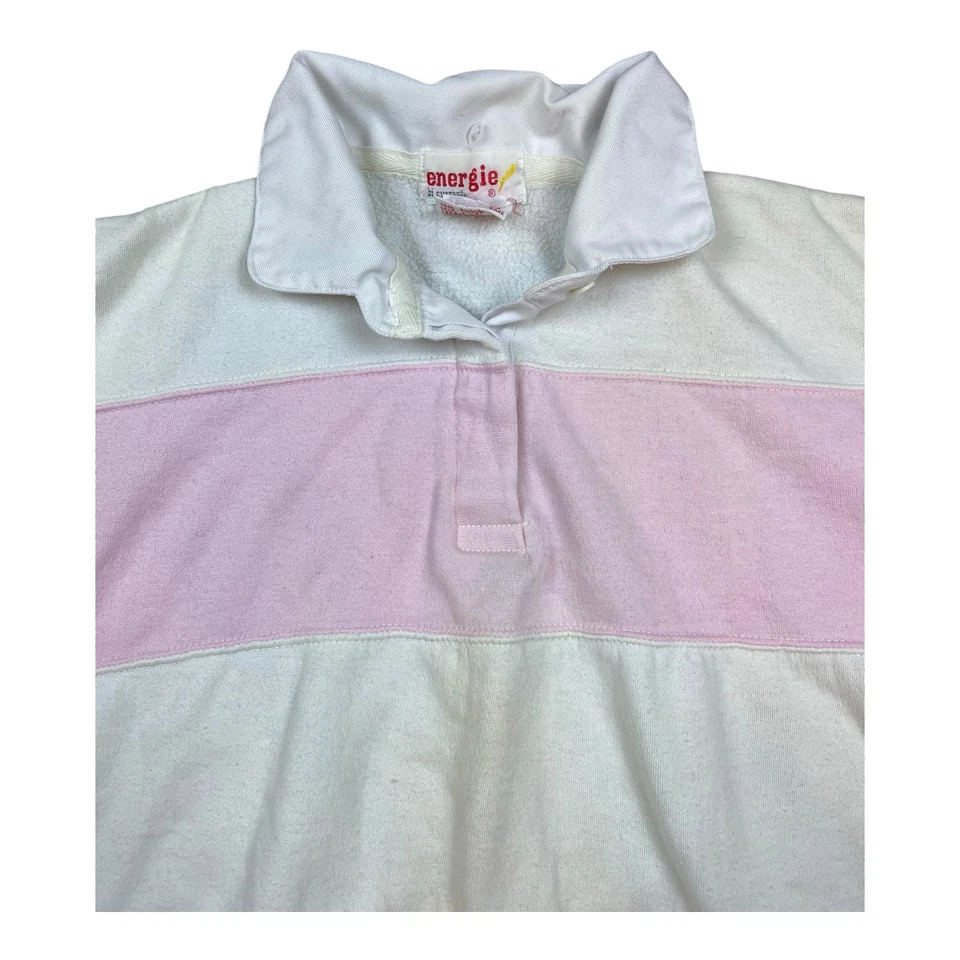 Sudadera Energie De Colección Años 90 Rugby Rayas Rosa Blanco Mujer Cuello MEDIANO RECORTADA Foto 2 de 4