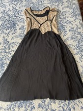 Boho Crochet Knit Pleated Dress Beige Black Sleeveless Midi Women M