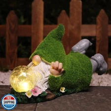 Ovewios Garden Gnome Statue with Solar Crackle Glass Globe Lights