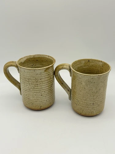 Studio Art Pottery pair of mugs w/ handles speckled tan colored large