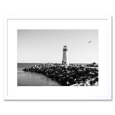 Leuchtturm Felsen Ozean BW Wohnzimmer Haus gerahmter Wandkunstdruck 9 x 7 Zoll