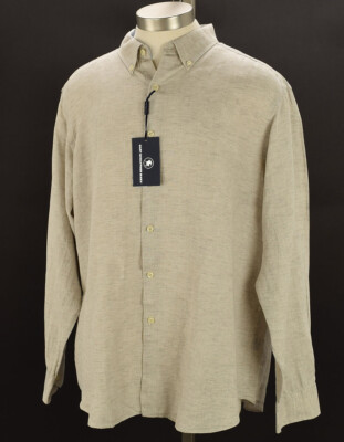 HART SCHAFFNER MARX Khaki Button Front Long Sleeve Linen Cotton Shirt XL NWT