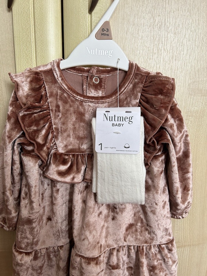 Nutmeg Baby Girl Mink Colour Crushed Velour Dress & Tights Girls Size 0