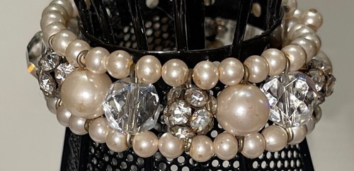 Vintage Rhinestone Pearl Beaded wrap Around Bracelet Teh9-19 - Picture 3 of 9
