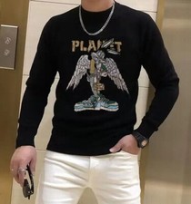 Maglione Uomo Lusso Diamante Coniglio Strass Moda Maglia Nero Nuovo