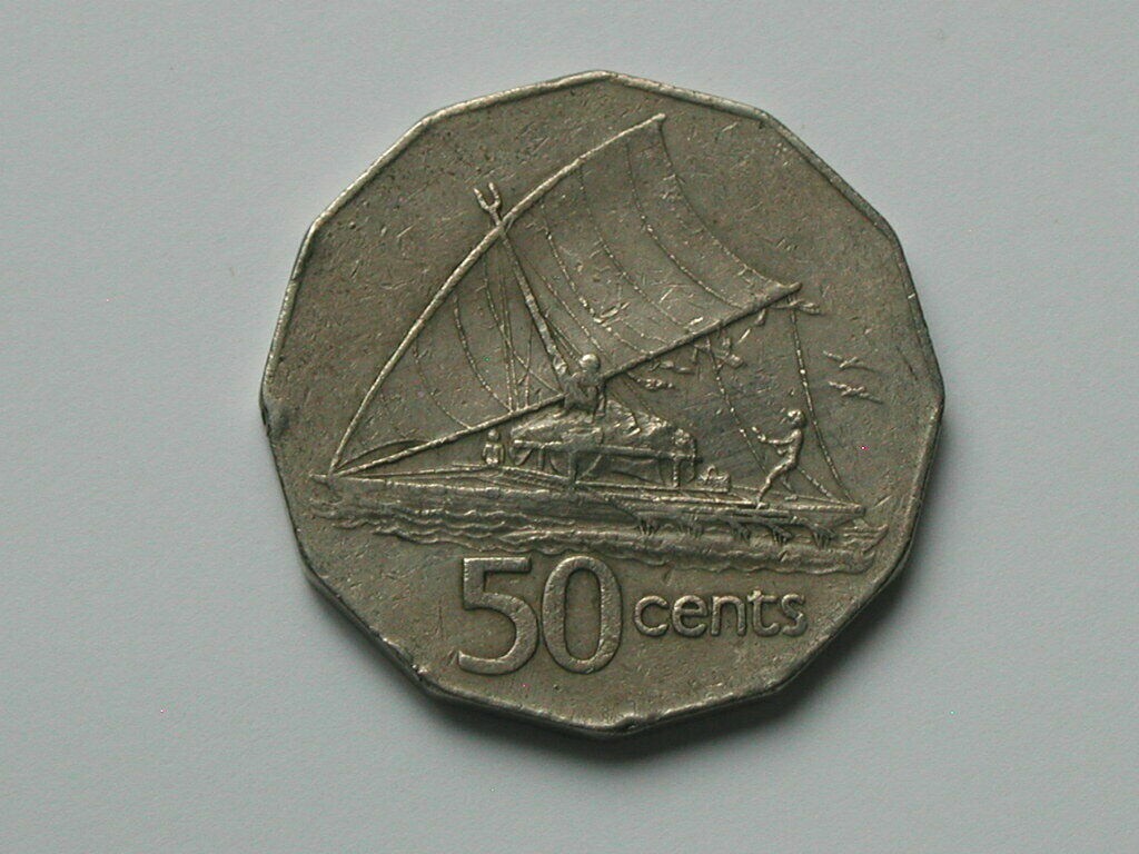 Fiji 1975 50 CENTS Queen Elizabeth II Coin with Outrigger Boat