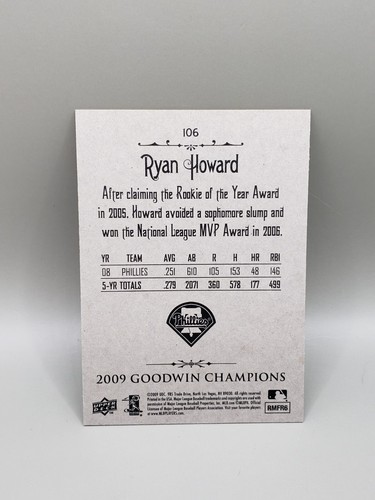 2009 Upper Deck Goodwin Champions Singles Pick Ryan Howard - Picture 7 of 11