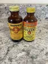 Lot Of 2 Vintage Gun Cleaning Bottles Hoppe’s powder solvent Gunslick No9