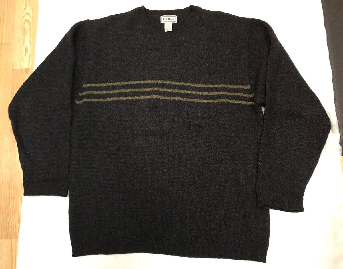 LL Bean Mens L-XL Tall Wool V-Neck Pullover Sweater Gray Stripe 