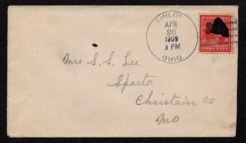 USA, SCOTT # 367, YEAR 1909 COVER FROM SHILOH OHIO TO CHRISTIAN COUNTY, MISSOURI