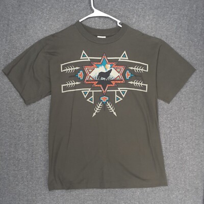 Vintage Alore Wolf print t shirt Mens L Olive Single stitch Made in usa Aztec SS