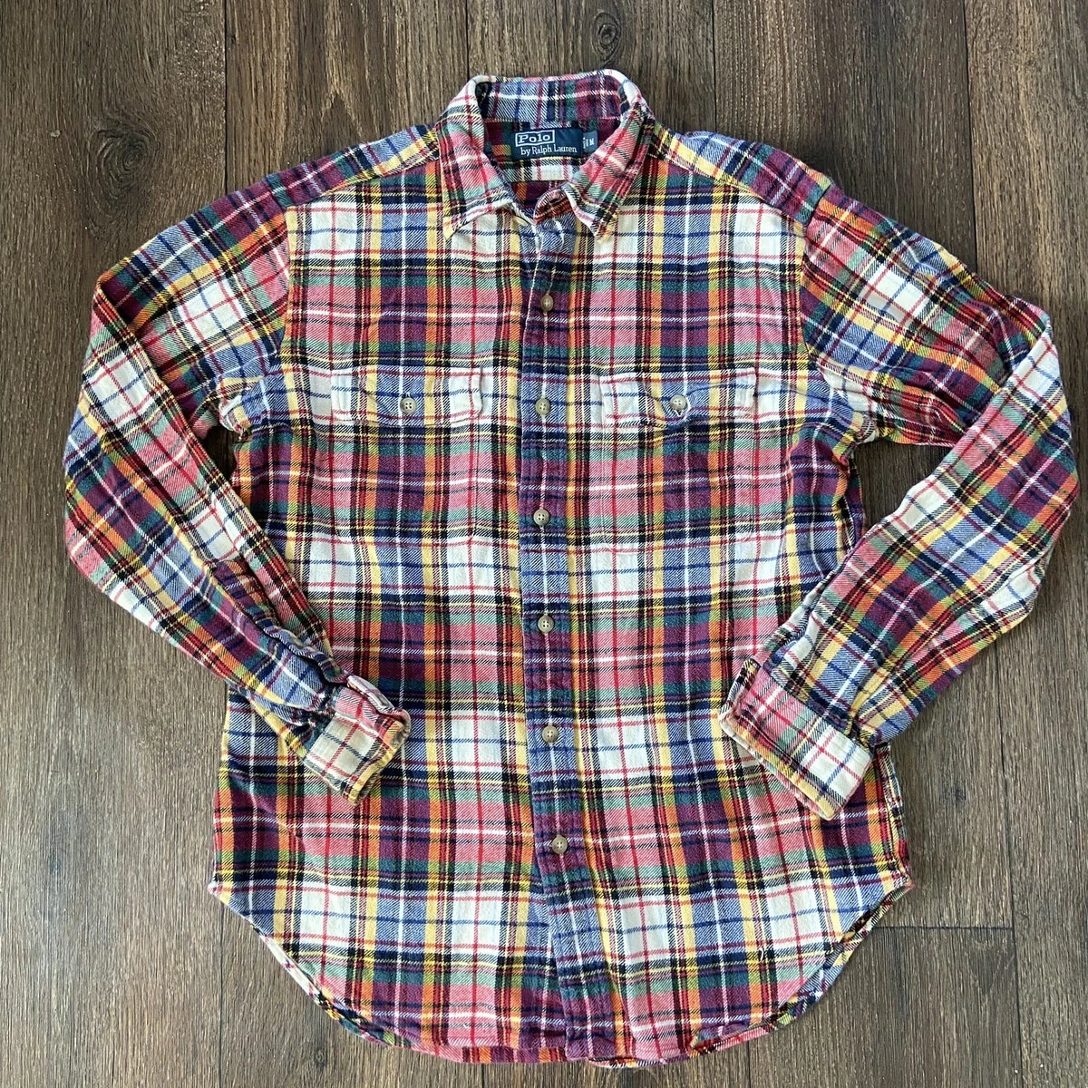 Vintage 90s Polo Ralph Lauren Thick Flannel Cotton Plaid Button Front Shirt  M